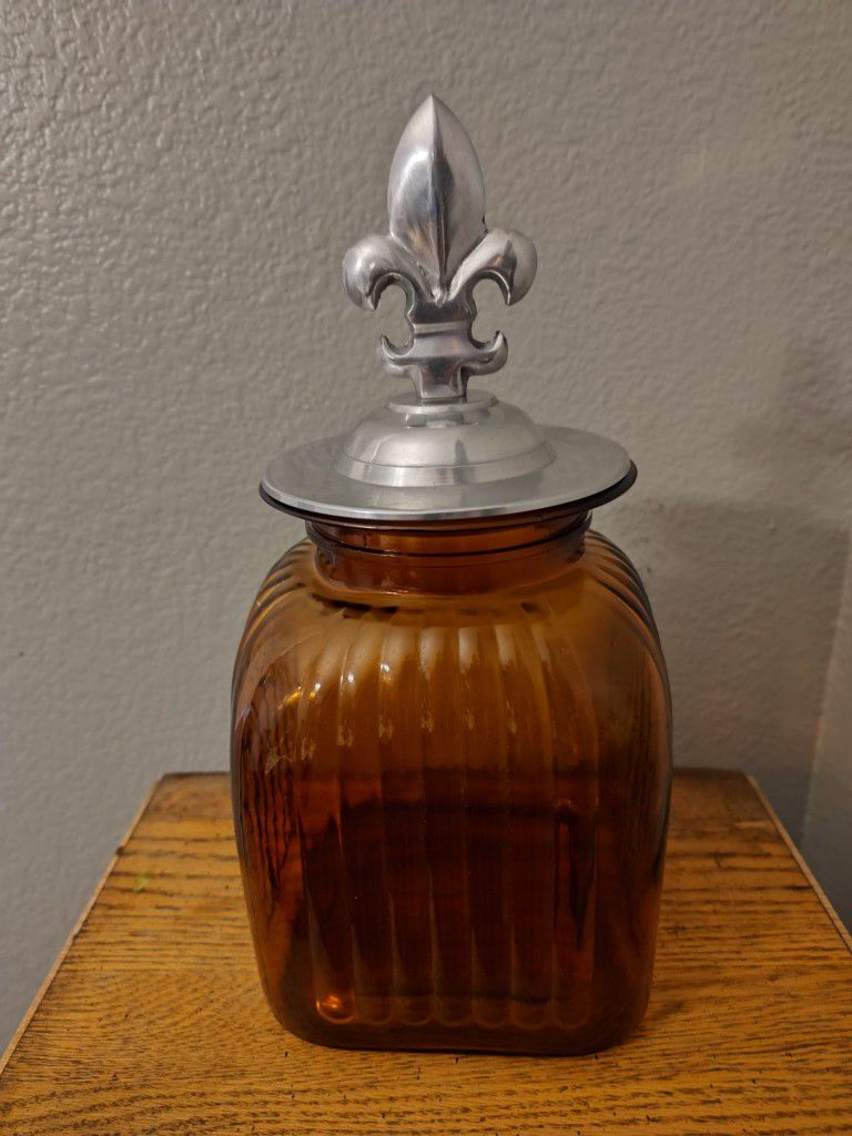 Large Ribbed Amber Glass Canister Jar Cast Metal  Handle Lid