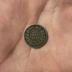 90% Silver 1903 25 Cents Netherlands Coin