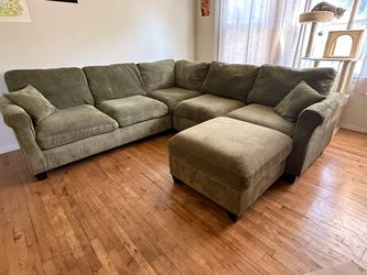 Green Corduroy Sectional Sofa with Ottoman