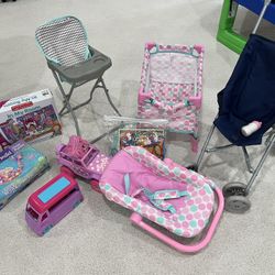 Little Girls Baby Doll Pottery Barn Stroller With Lot, Carrier, Crib