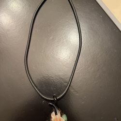 COLLAR DE CUERO NEGRO DE PLATA STERLING 925 CON COLGANTE DE CRISTAL DE MURANO DE FLOR