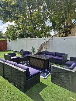 10-Piece Wicker Outdoor Sectional Set with Fire Pit Table