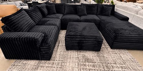Black Corduroy Modular Sectional Sofa with Ottoman