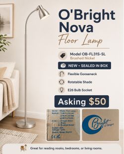 O’Bright Nova Adjustable Floor Reading Lamp – Brushed Nickel – New in Box