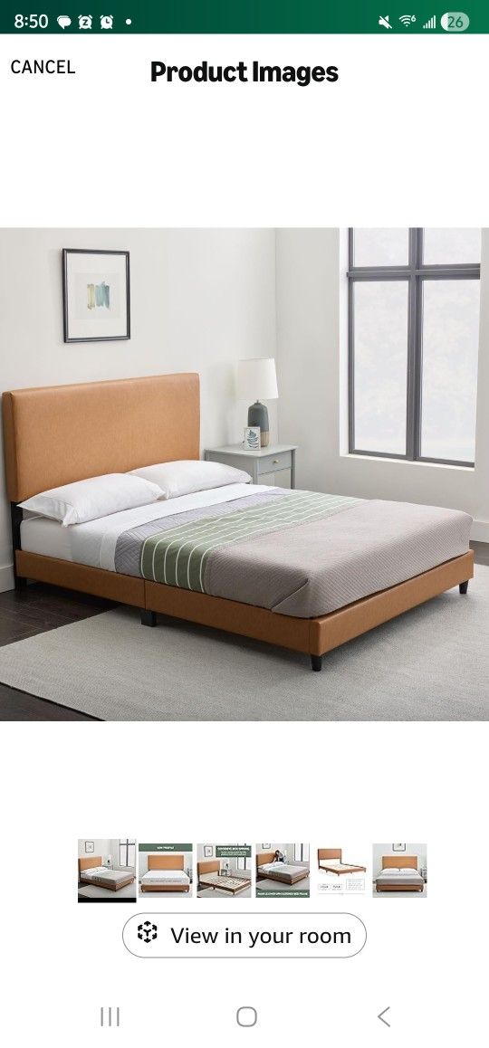 Edenbrook Platform Bed with Headboard – No Box Spring Needed – Faux Leather Upholstered Platform Bed Frame – Low Profile – Easy Assembly – Camel, Twin