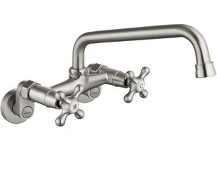 SUMERAIN Chrome Polished Wall Mounted Kitchen Faucet 2 Cross Handle Solid Brass, Vintage Style, 3" to 9" Center, for Commercial Utility Laundry Resta