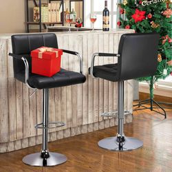 Set of 2 Black Adjustable Counter Stools Bar Chairs Synthetic Leather Modern Design