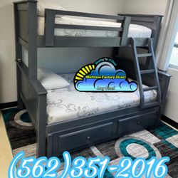 Twin Full Grey Bunk Bed With Mattresses Trundle New 