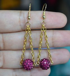 pink pave crystal ball gold plated chain chandelier Earring