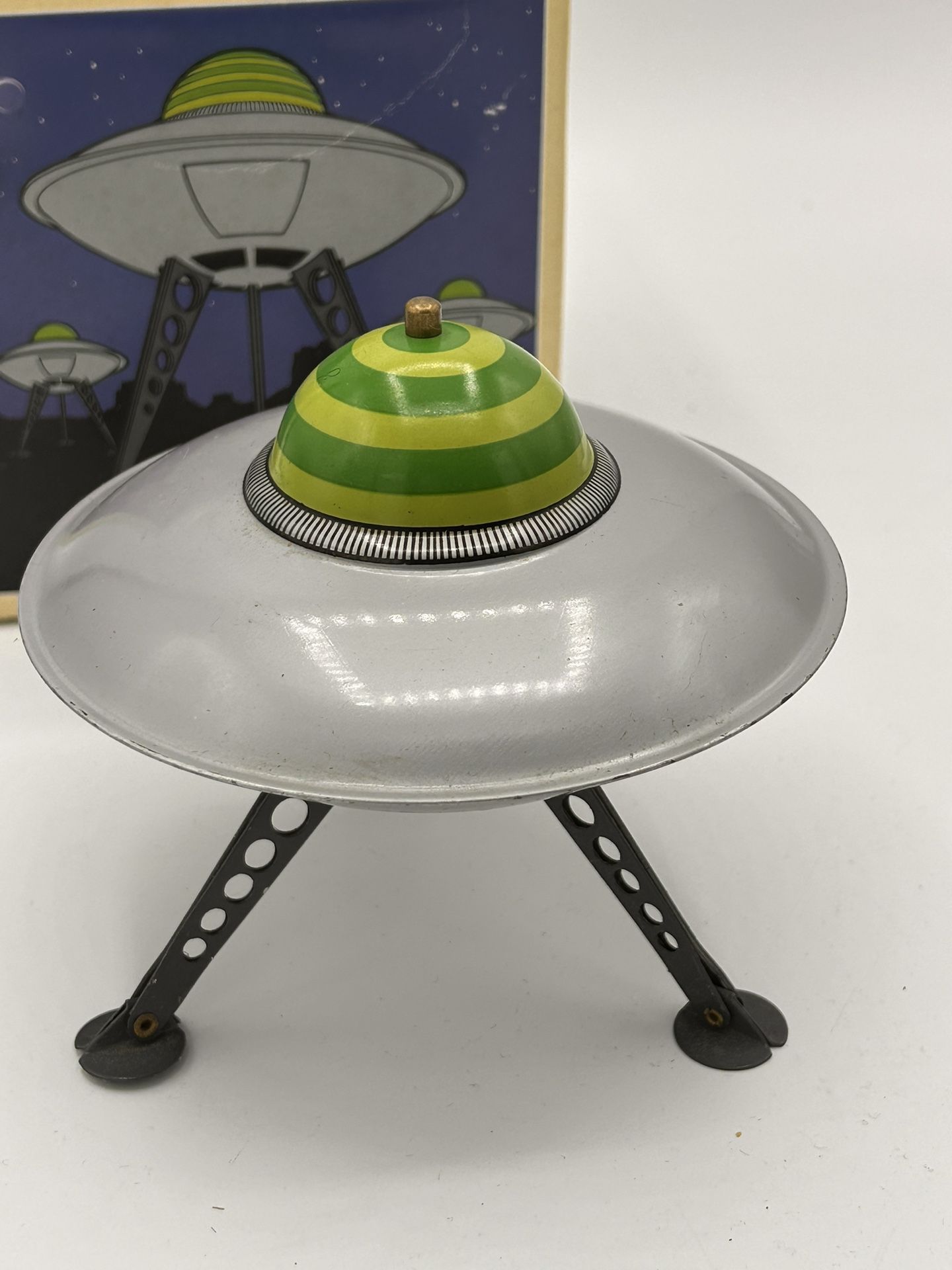 Vintage Restoration Hardware UFO Flying Saucer Tin Toy Retractable Landing Gear