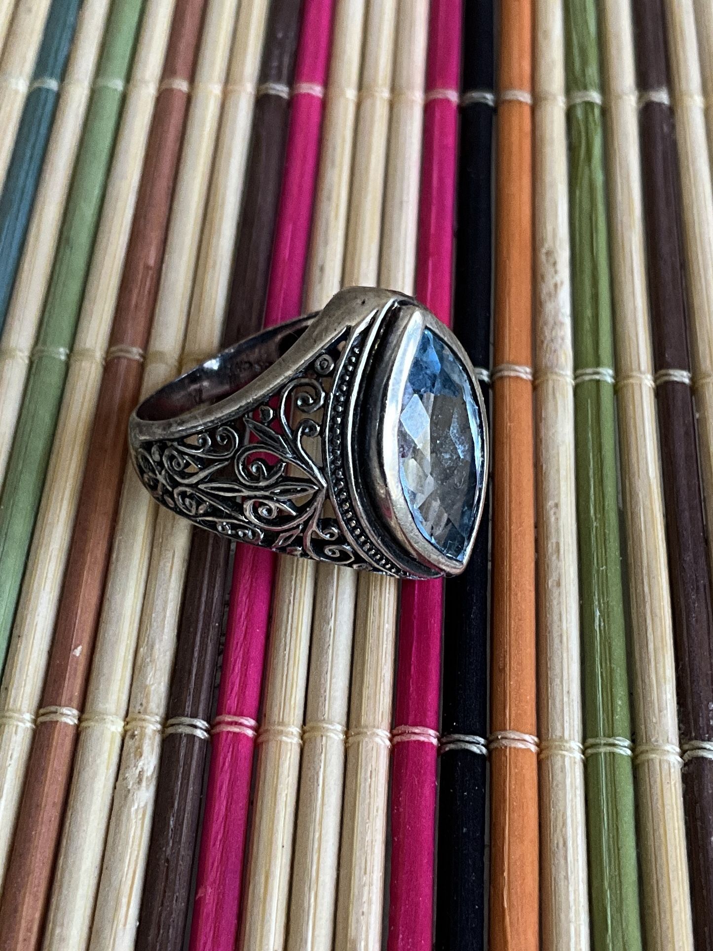 Vintage Ring Blue Topaz Gemstone , 925 Sterling Silver , Oval Faceted, Western Ring, Arabic Design