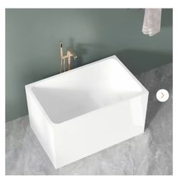 43 in. x 27 in. Acrylic Freestanding Rectangle Soaking Bathtub in Gloss White with Seat Chrome Overflow and Pop-Up Drain