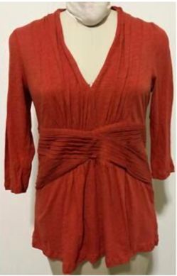 Deletta by Anthropologie V-Neck Shawl-Style Collar Pleated Top Burnt Orange Sz S