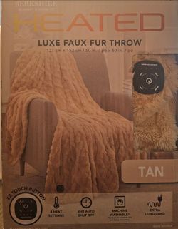 Berkshire Heated Luxe Faux Fur Throw Blanket Tan Cable 50 x 60 in