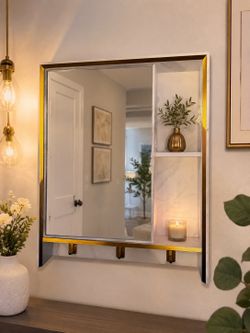 Modern Entryway Mirror with Shelf & Hooks – Elegant Gold & White Design