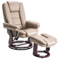 32" Contemporary Leather Recliner and Ottoman with Swiveling Mahogany Wood Base