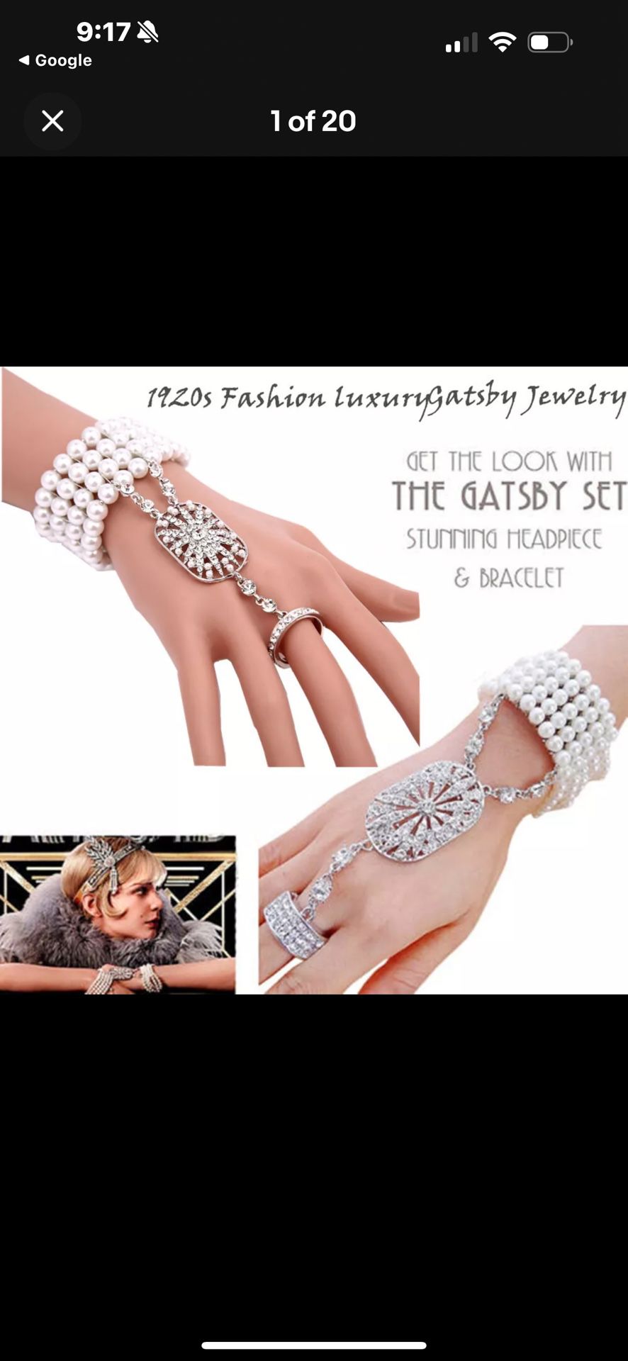 1920s Bollywood Bracelet Wedding Finger Ring Crystal Pearls Diamond Bangle Chain