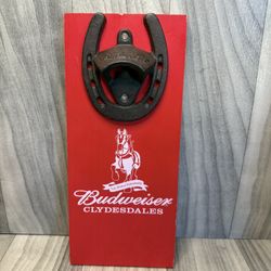 Budweiser Clydesdales Branded Horse Shoe Bottle Opener Wood Wall Mount