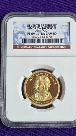 2008-S Andrew Jackson Presidential Dollar coin graded PF 69 Ultra Cameo by Numismatic Guaranty Corporation (NGC). Slabbed and certified
