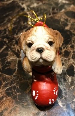 Bulldog Puppy in Stocking Christmas Tree Ornament NEW in Box!