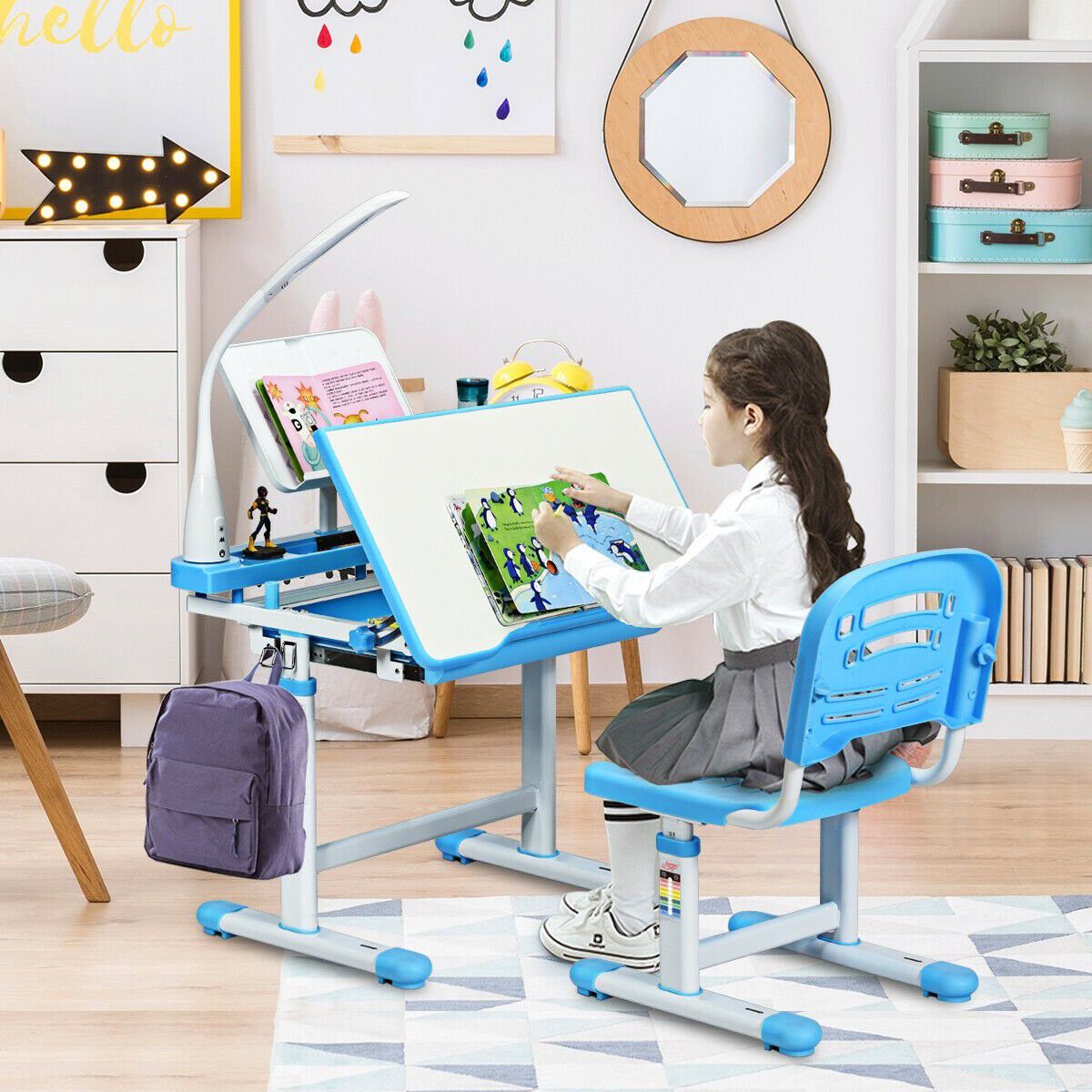 Adjustable Kids Desk Chair Set in Blue with Lamp and Bookstand