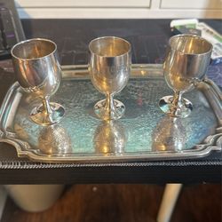 Vintage Silver On Copper Tray And Cups