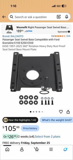 Passenger Seat Swivel Base Compatible with Ford Econoline E150 E250 E350 E-2025 360° Rotation Heavy Duty Rust Proof Seat Swivel Base Mount Pla