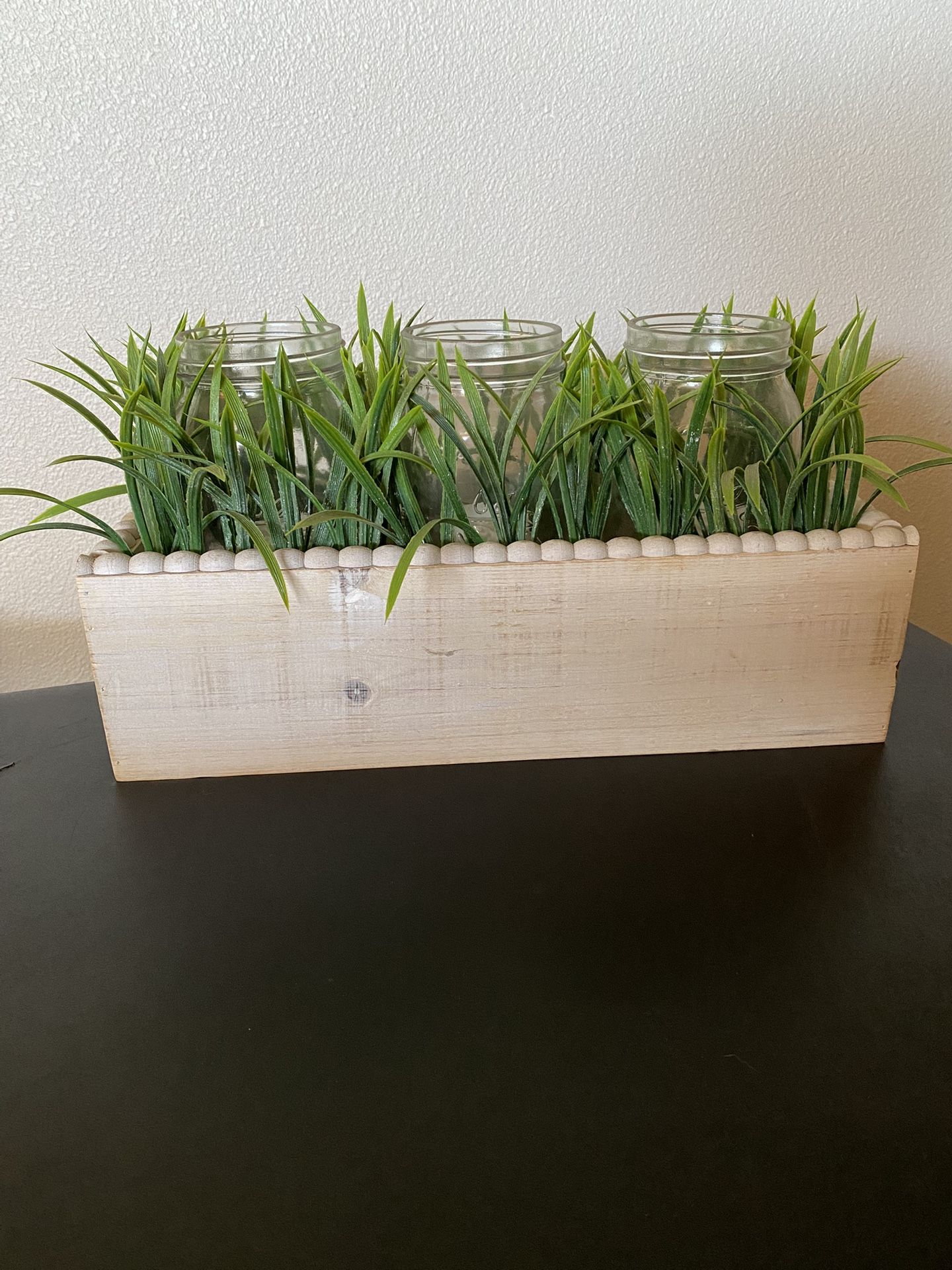 Faux Candle and Greenery In Wood Bin