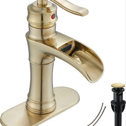 (Brand New in Box)  Waterfall Bathroom Faucet Brushed Gold GGStudy Single Handle One Hole Farmhouse Bathroom Vanity Faucet Basin Mixter Tap Deck Mount
