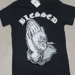 NEW WITH TAGS MEN'S TOP SIZE SMALL BLACK WHITE LOS ANGELES RING OF FIRE PRAYER OF LOVE BLESSED PRAYING HANDS T-SHIRT