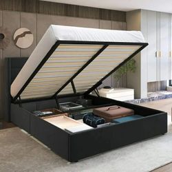 Black Velvet Queen Size Velvet Lift Up Hydraulic Storage Bed Frame, Platform Bed with Upholstered Wingback Headboard, No Box Spring Needed.