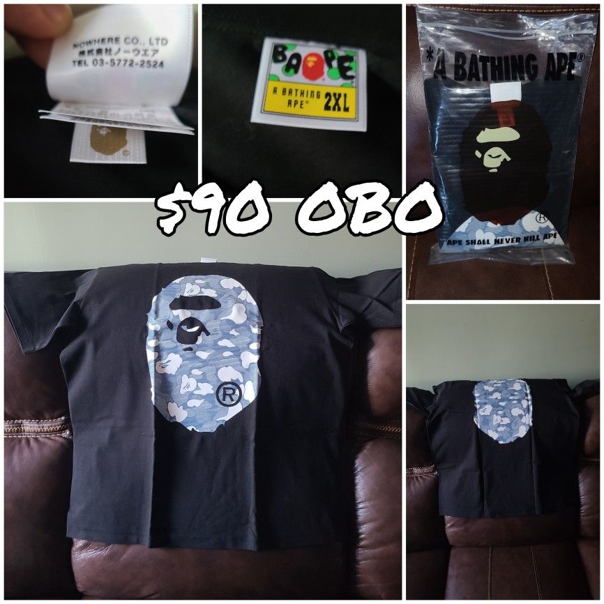 New Bape T-shirt Black White Blue Bathing Ape Head Camo Size XXL