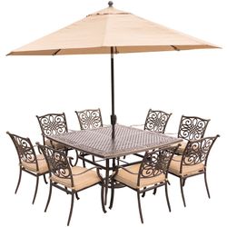 TRADITIONS 9-PIECE DINING SET IN TAN WITH SQUARE 60 IN. CAST-TOP DINING TABLE, 11 FT. TABLE UMBRELLA, AND UMBRELLA BASE - TRADDN9PCSQ-SU