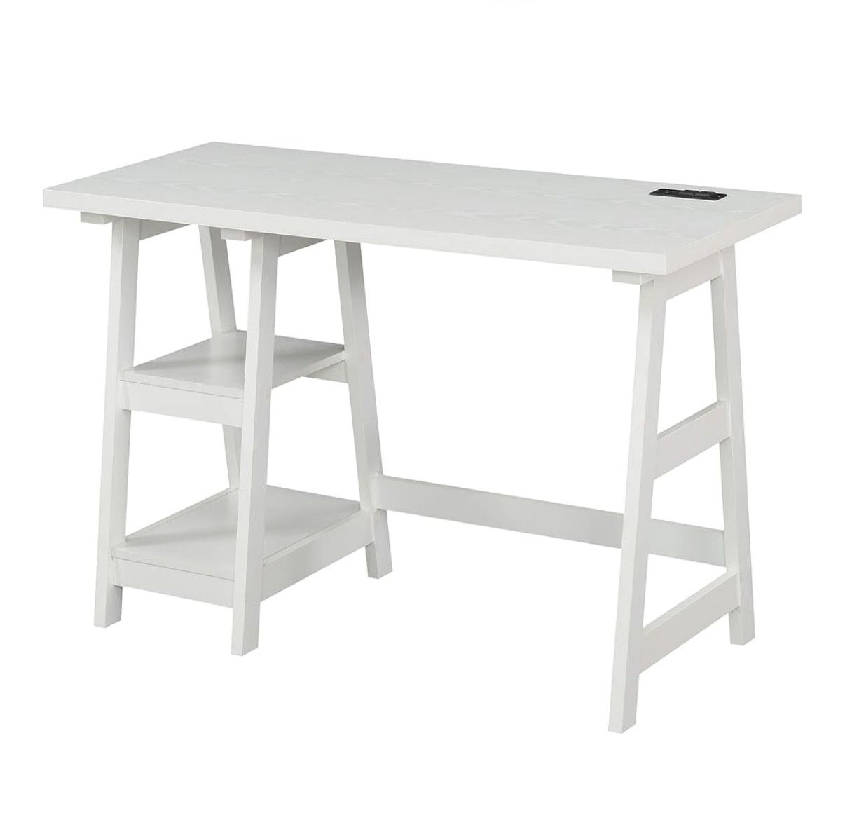 Convenience Concepts Designs2Go Trestle Desk with Charging Station and Shelves, White