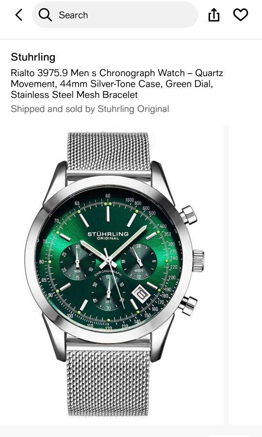 Stuhrling Rialto 3975.9 Men s Chronograph Watch – Quartz Movement, 44mm Silver-Tone Case, Green Dial, Stainless Steel Mesh Bracelet New