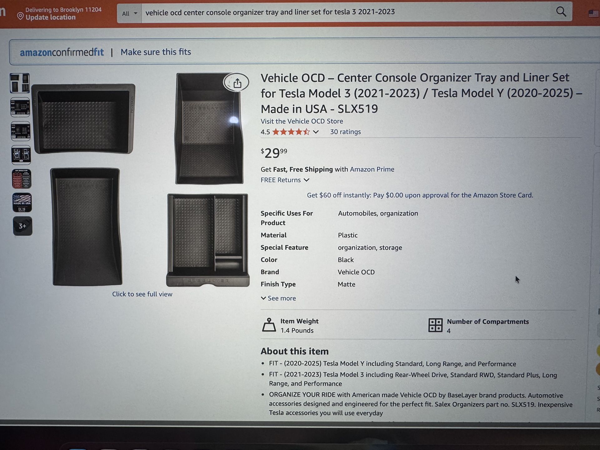 Center Console Organizer Tray and Liner for tesla model y