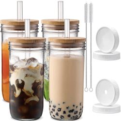 DWTS DANWEITESI Glass Cups With Lids And Straws,24 Oz  (4)