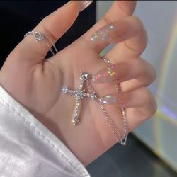 Elegant Trendy Rhinestone Exquisite Zircon Cross Pendant Necklace Decorative Accessories Holiday Birthday Party Gift For Girls