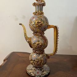 20th c. Tall Decanter Ewer Moser Type Art Glass Enameled