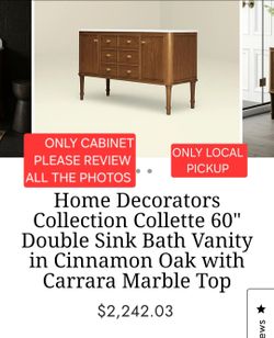 ✨️ Home Decorators Collection Collette 60" Double Sink Bath Vanity in Cinnamon Oak with Carrara Marble Top #8199