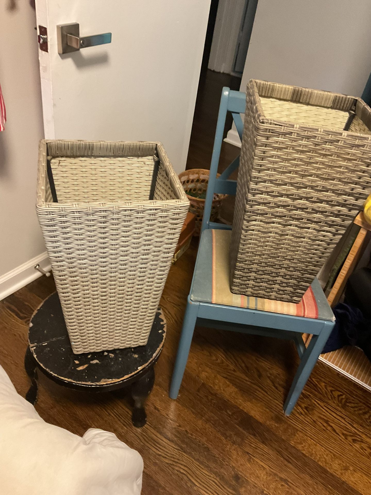 Two Beautiful Plants Pot (19” High X 11” Wide) With A Old Chair For One Pot, And A Small Plant Pot (NO SHIPPING)