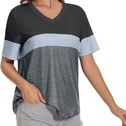 Brandnew(Large) Womens Summer Tops Short Sleeve Work Tops, Blouses for Women Dressy Casual T Shirts V Neck Color Block Loose Fit Tee