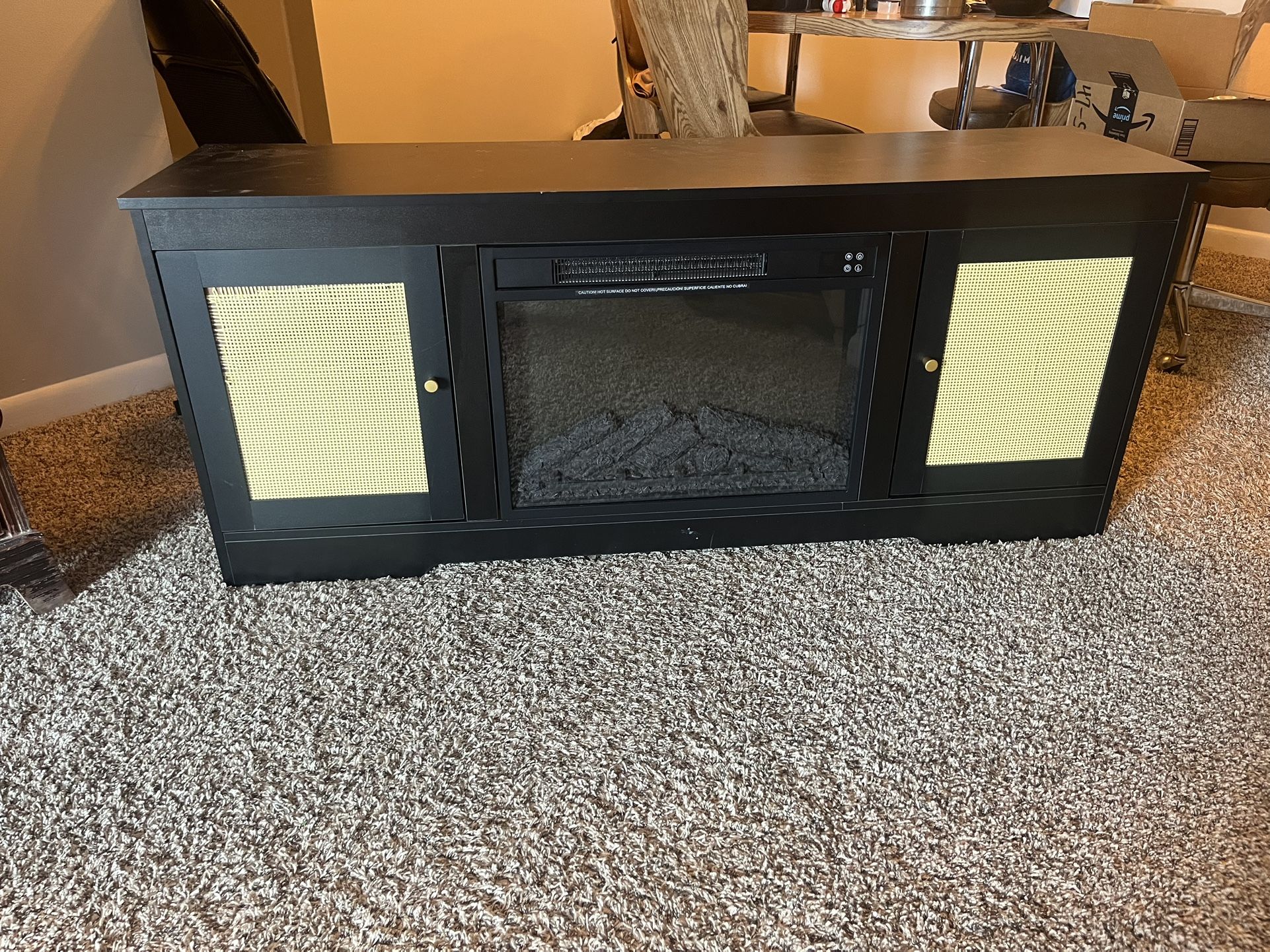 Black Boho Tv Stand with Fireplace