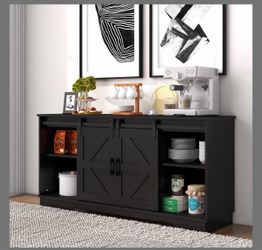 Panana Bar Cabinet With Barn 2 Sliding Doors Buffet Farmhouse Storage Cabinet TV Stand (Black)