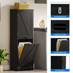 53" Tilt Out Laundry Hamper Cabinet, Laundry Hamper with Adjustable Shelf and Storage Basket, Black