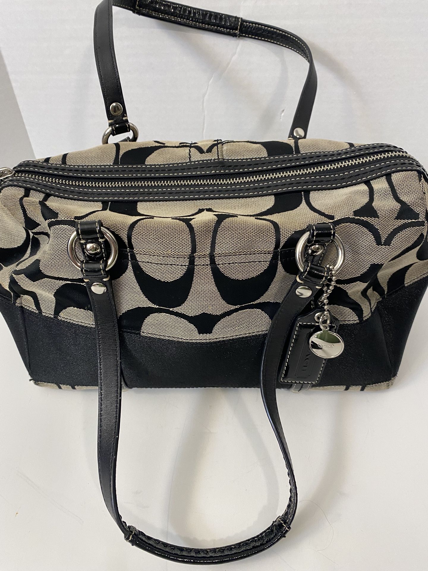Coach Signature Heritage Black Canvas Leather Trim Zipper Closure Satchel Bag Shoulder Purse