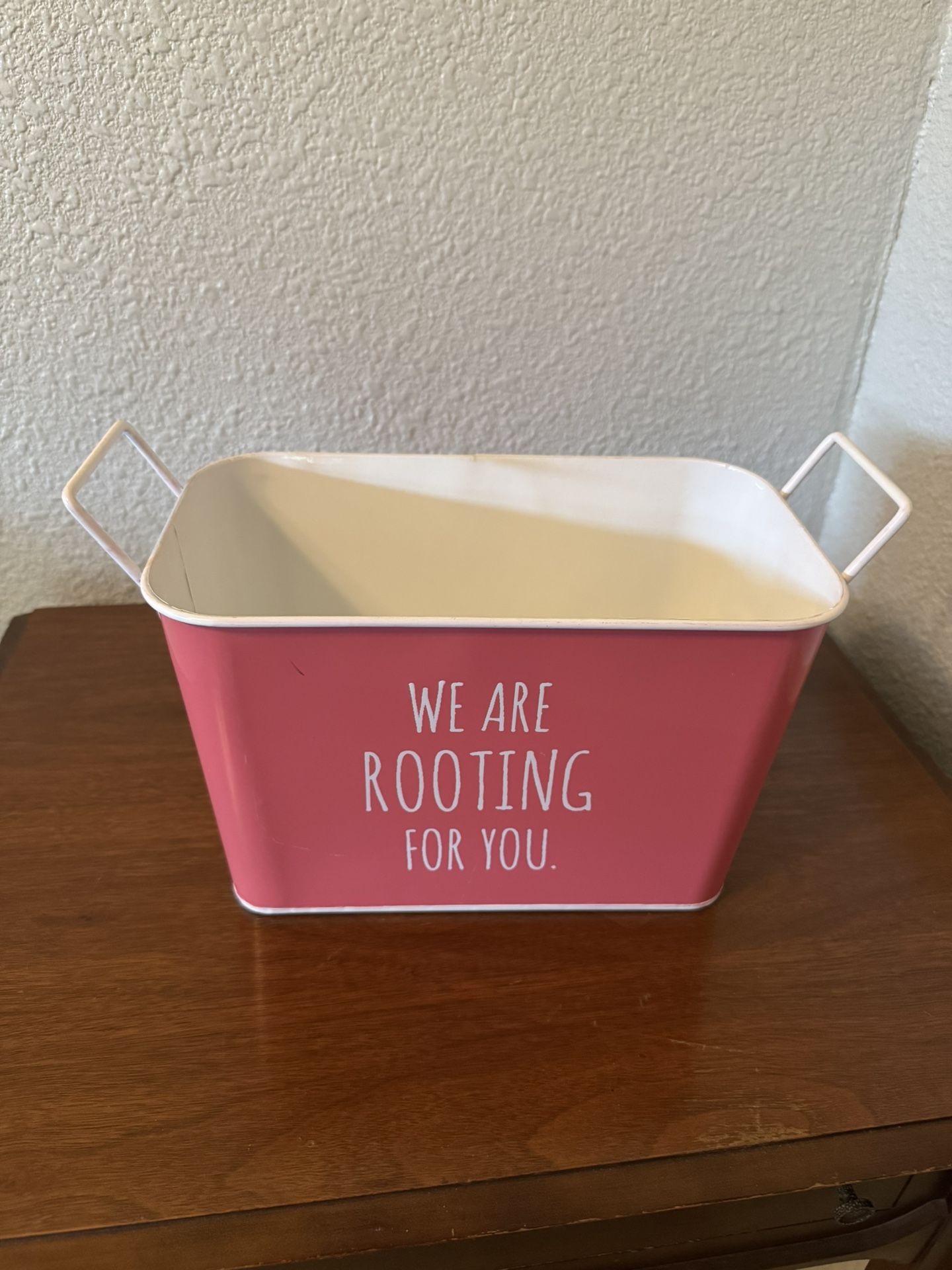 Decor Metal Pink “We Are Rooting For You.” Gift Tin. Brand New. 8 1/2” Great Gift