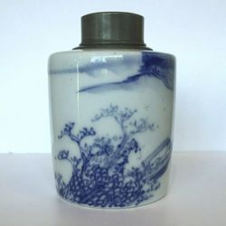 Antique Vintage 19th - 20th century Imari Porcelain Pewter Tea Caddy Japan