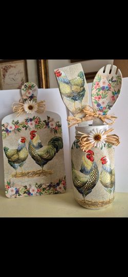 Hand painted and decoupaged Rooster Mason Jar and Wooden Spoon Set