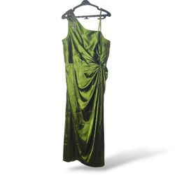 ADRIANNA PAPEL Sultry Green Satin One Shoulder Gown: Sz 16